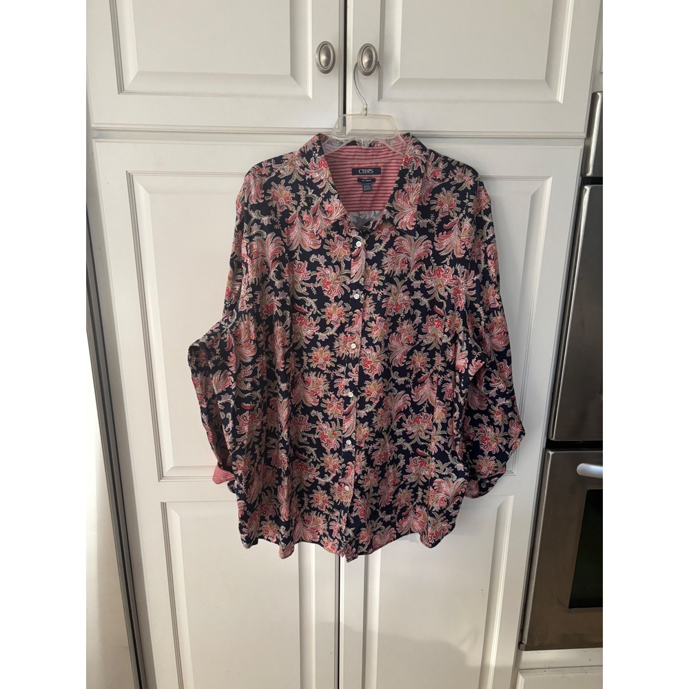Chaps Womens 3X Navy Paisley Floral No Iron Cotton Button Down Shirt Blouse